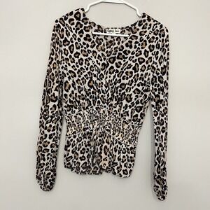 Gypsy Love Blouse Womens Small Tan Leopard Smocked Peplum V-Neck Long Sleeve Top